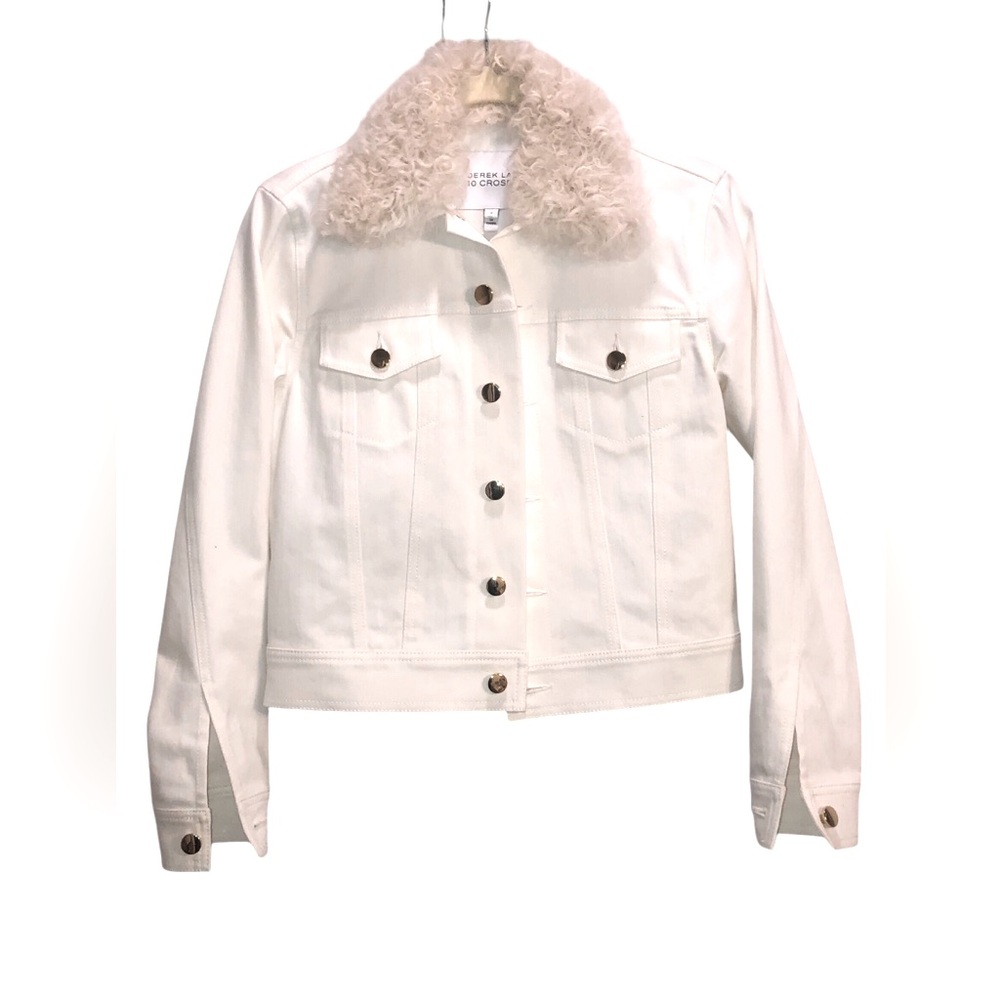 Derek Lam 10 Crosby Cream White Cropped Denim Shearling Trim Utility Jacket 0